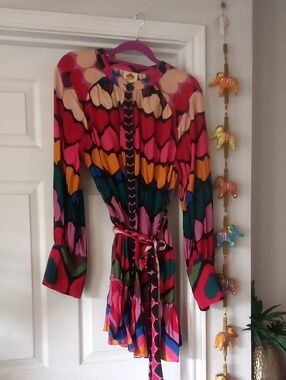 FARM RIO Vibrant Multicolor Printed Long-Sleeve "HEARTS"Wrap Dress.❤️🤍💚💛💙🧡